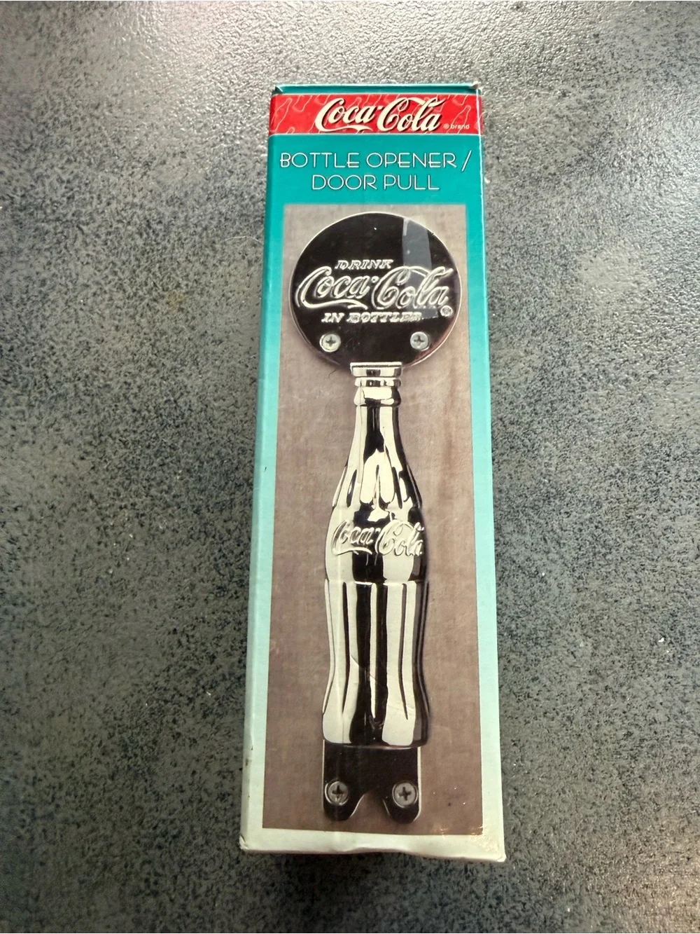 Coca Cola Silver Bottle Opener Door Pull with Red Logo Accent